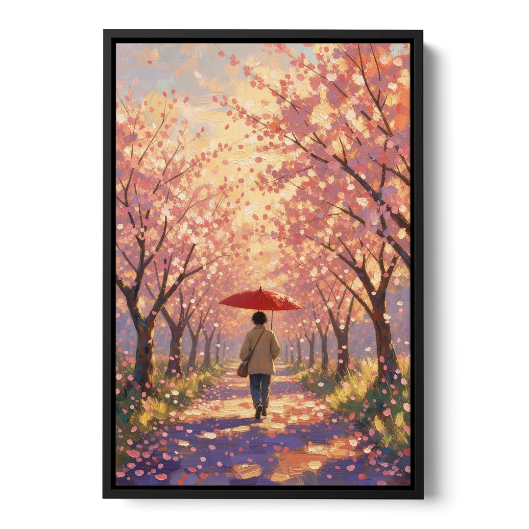 Red Umbrella Under Sakura in Impressionist Style - Black Framed Canvas Wall Art - Front