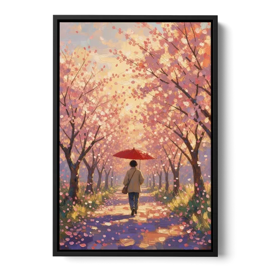 Red Umbrella Under Sakura in Impressionist Style - Black Framed Canvas Wall Art - Front