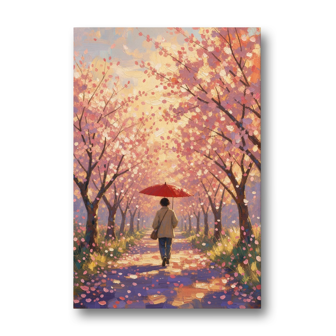 Red Umbrella Under Sakura in Impressionist Style - Canvas Wall Art - Front