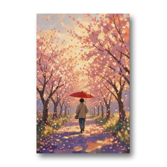 Red Umbrella Under Sakura in Impressionist Style - Canvas Wall Art - Front