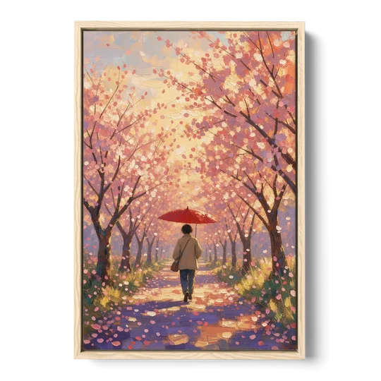 Red Umbrella Under Sakura in Impressionist Style - Oak Framed Canvas Wall Art - Front
