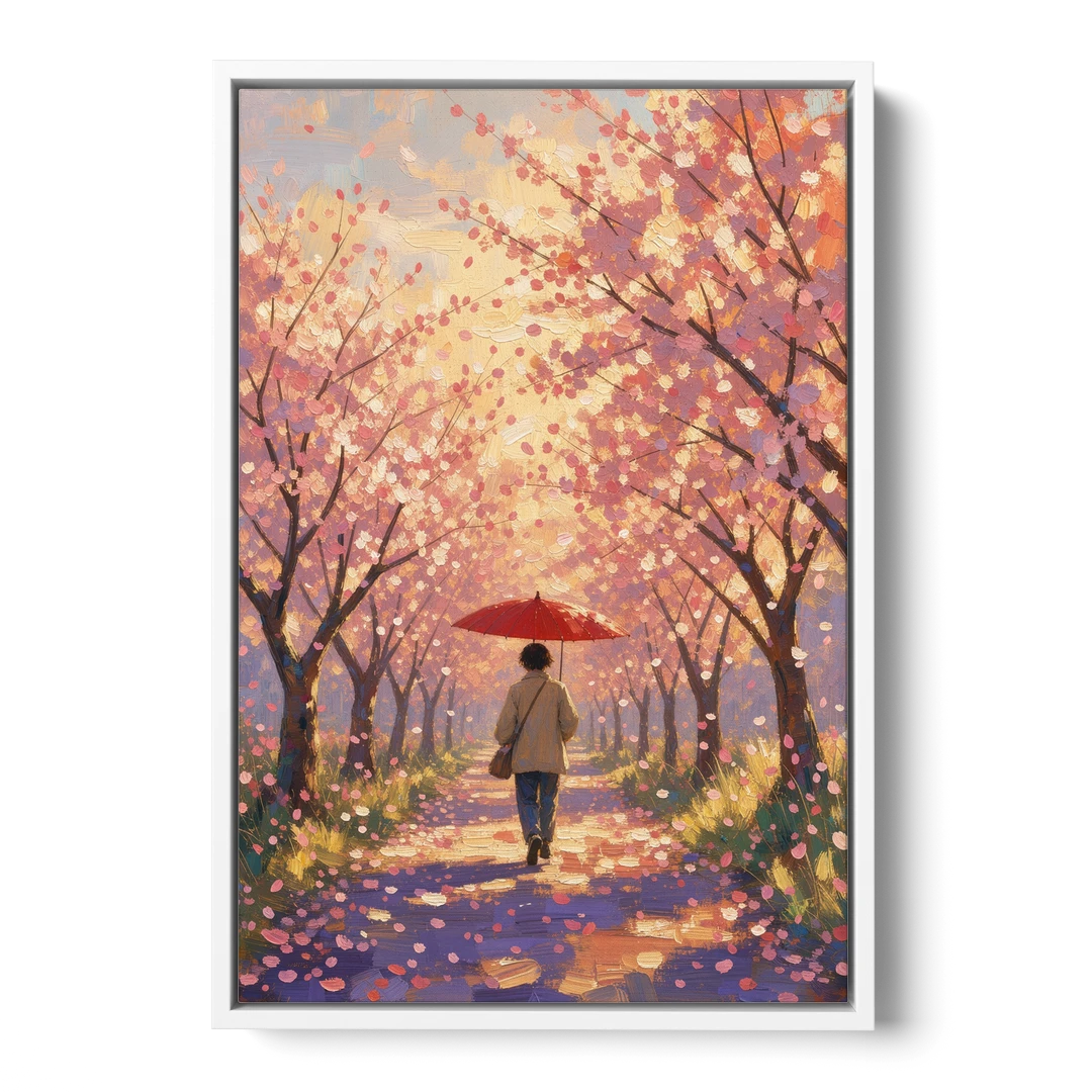 Red Umbrella Under Sakura in Impressionist Style - White Framed Canvas Wall Art - Front