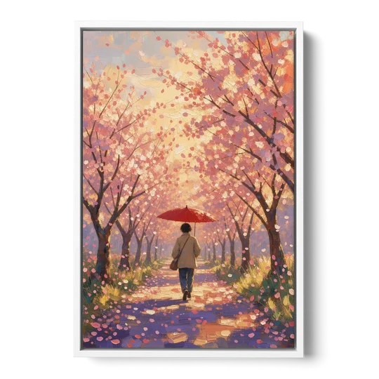 Red Umbrella Under Sakura in Impressionist Style - White Framed Canvas Wall Art - Front
