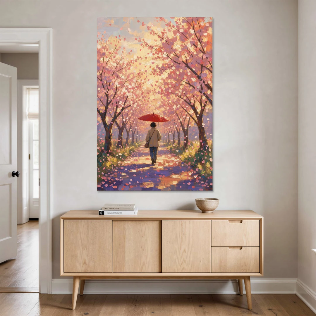 Red Umbrella Under Sakura in Impressionist Style - Canvas Wall Art - Coffee Table - 40x60