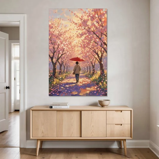 Red Umbrella Under Sakura in Impressionist Style - Canvas Wall Art - Coffee Table - 40x60