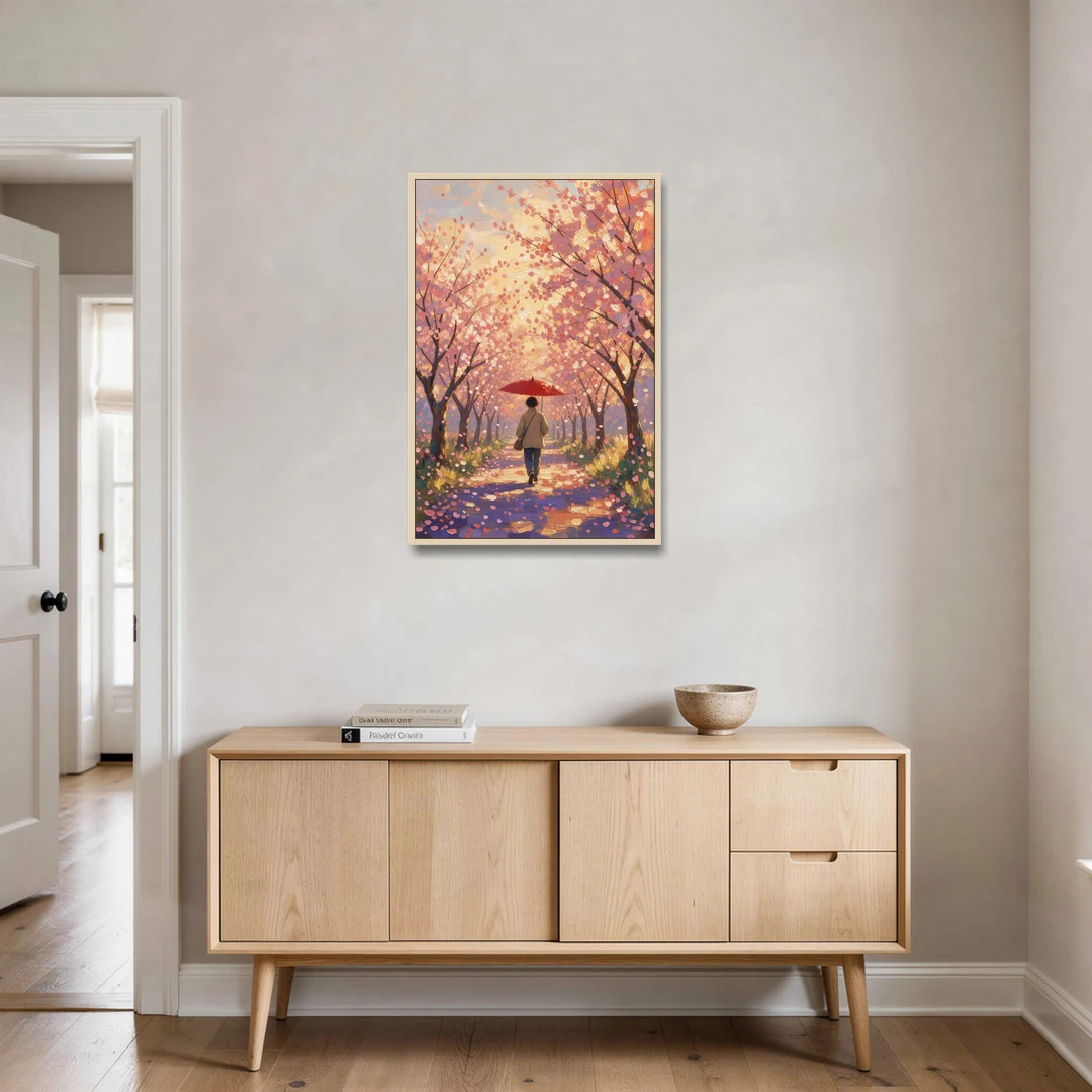 Red Umbrella Under Sakura in Impressionist Style - Oak Framed Canvas Wall Art - Coffee Table - 24x36