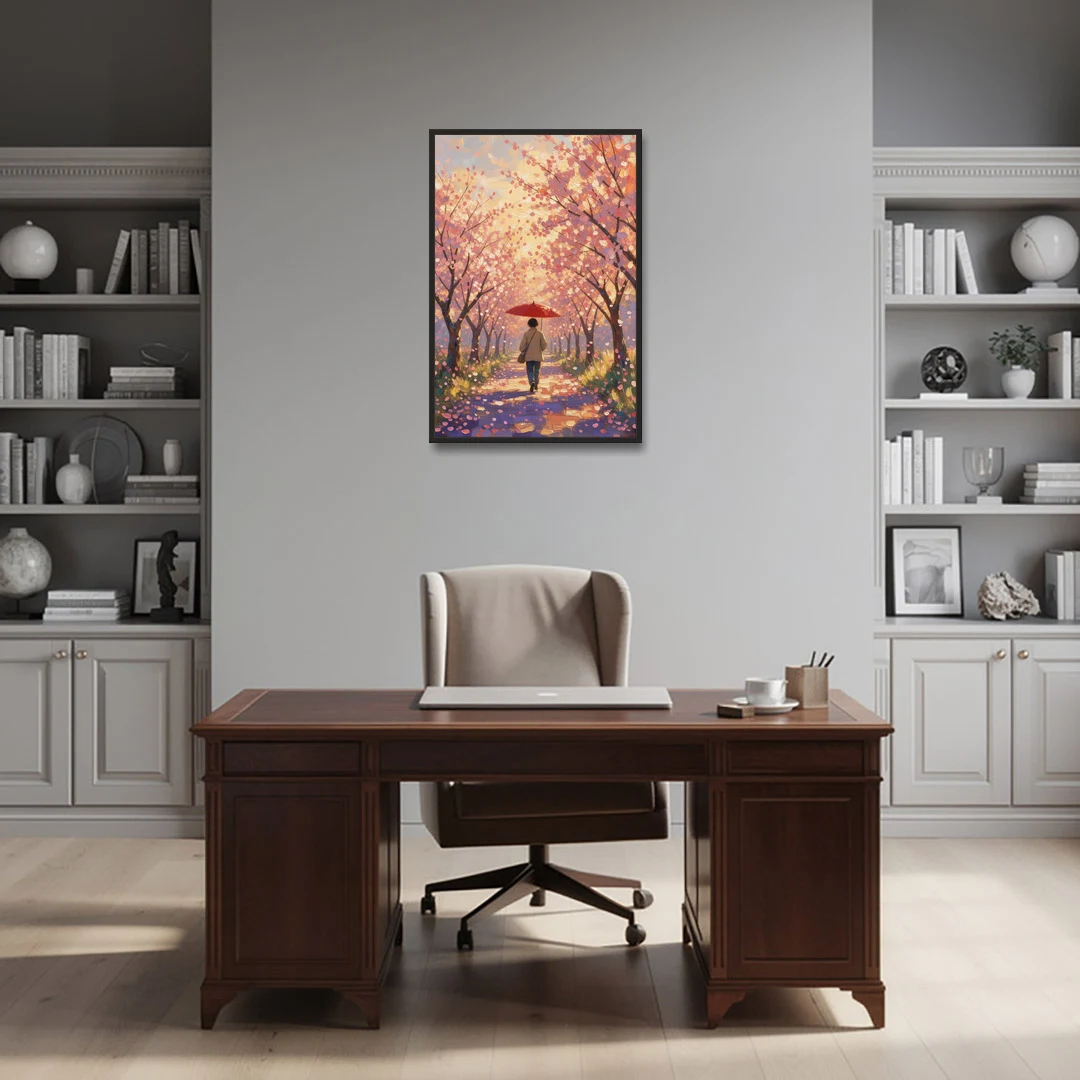 Red Umbrella Under Sakura in Impressionist Style - Black Framed Canvas Wall Art - Office - 24x36