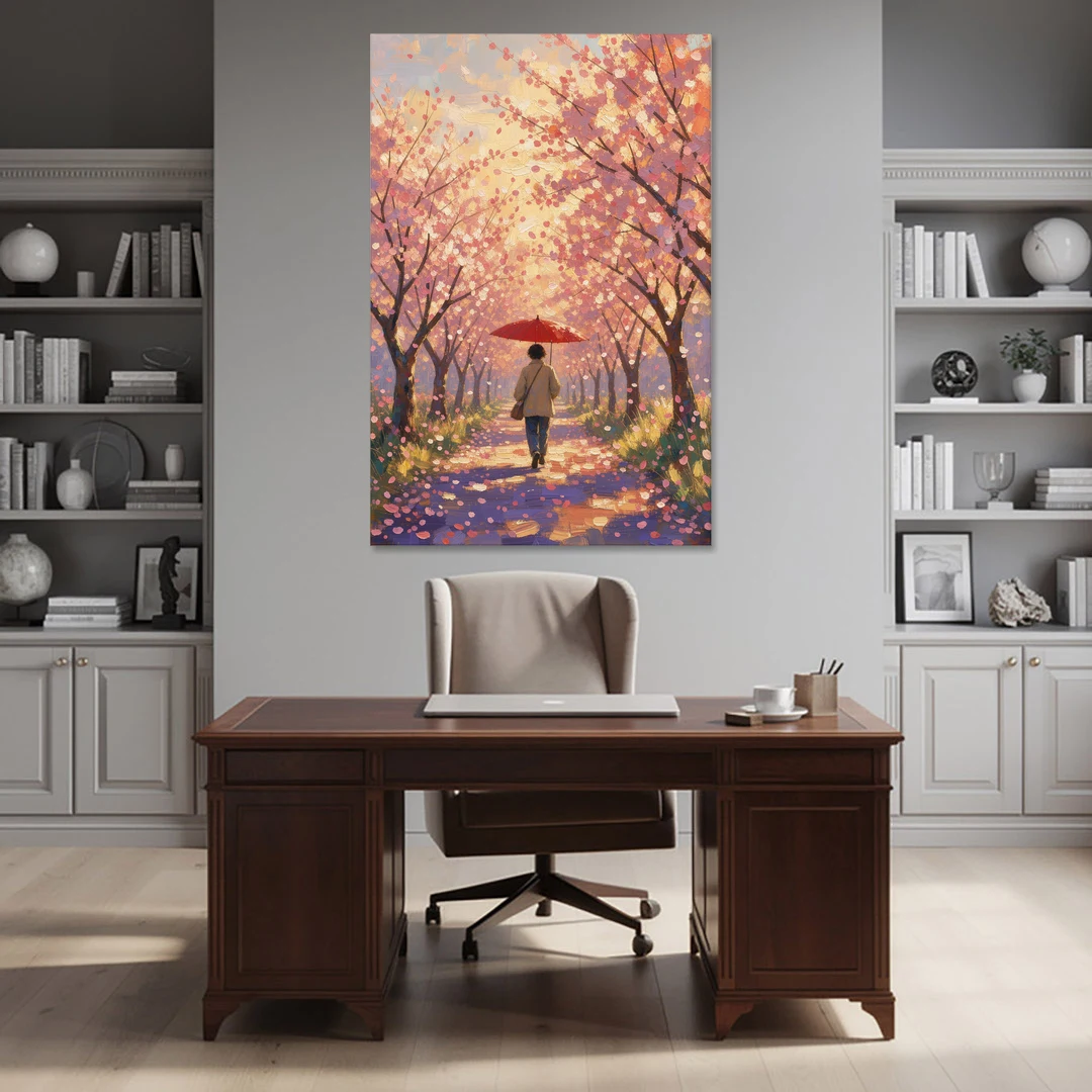 Red Umbrella Under Sakura in Impressionist Style - Canvas Wall Art - Office - 40x60