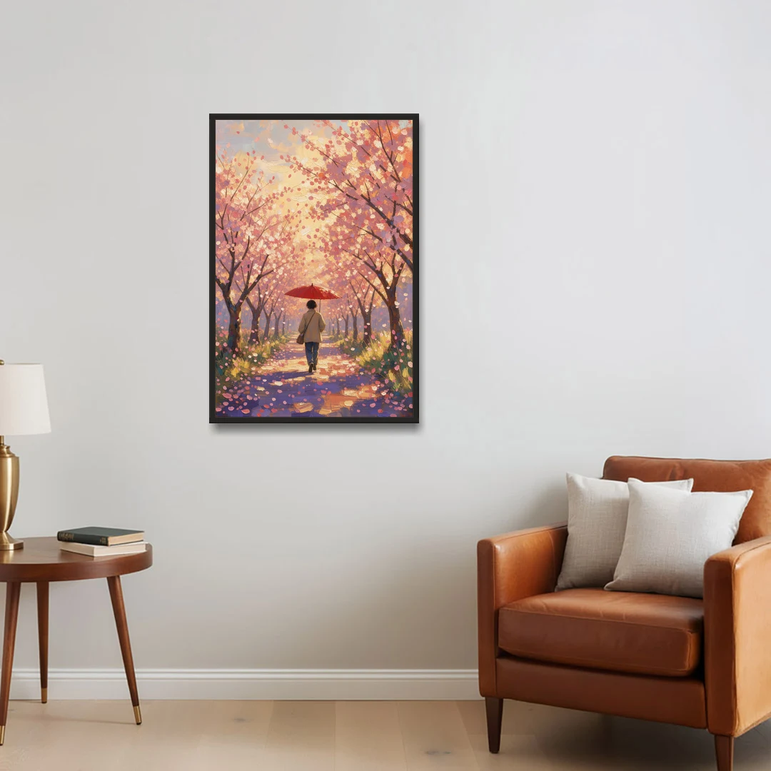 Red Umbrella Under Sakura in Impressionist Style - Black Framed Canvas Wall Art - Sofa - 24x36