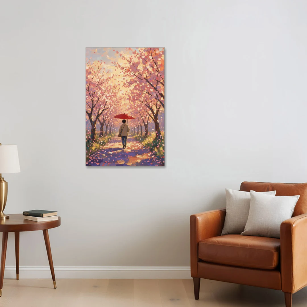Red Umbrella Under Sakura in Impressionist Style - Canvas Wall Art - Sofa - 24x36