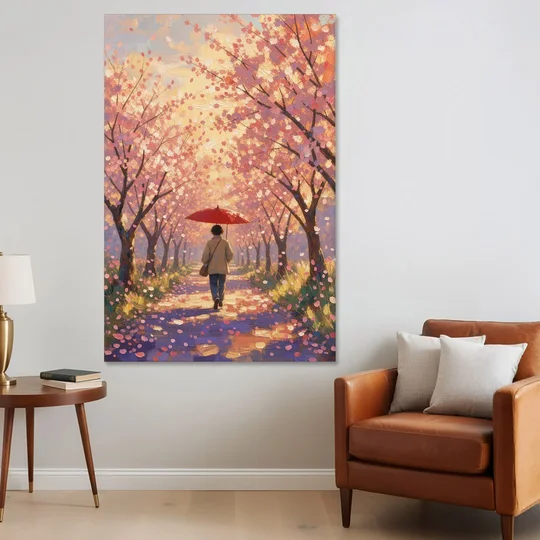 Red Umbrella Under Sakura in Impressionist Style - Canvas Wall Art - Sofa - 40x60