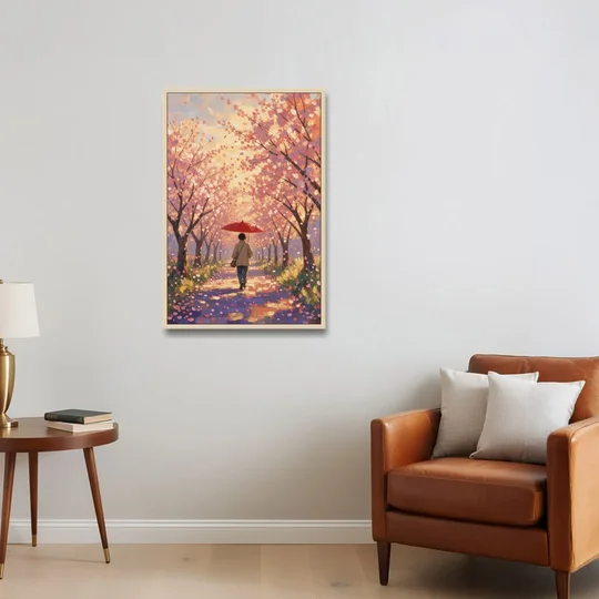 Red Umbrella Under Sakura in Impressionist Style - Oak Framed Canvas Wall Art - Sofa - 24x36
