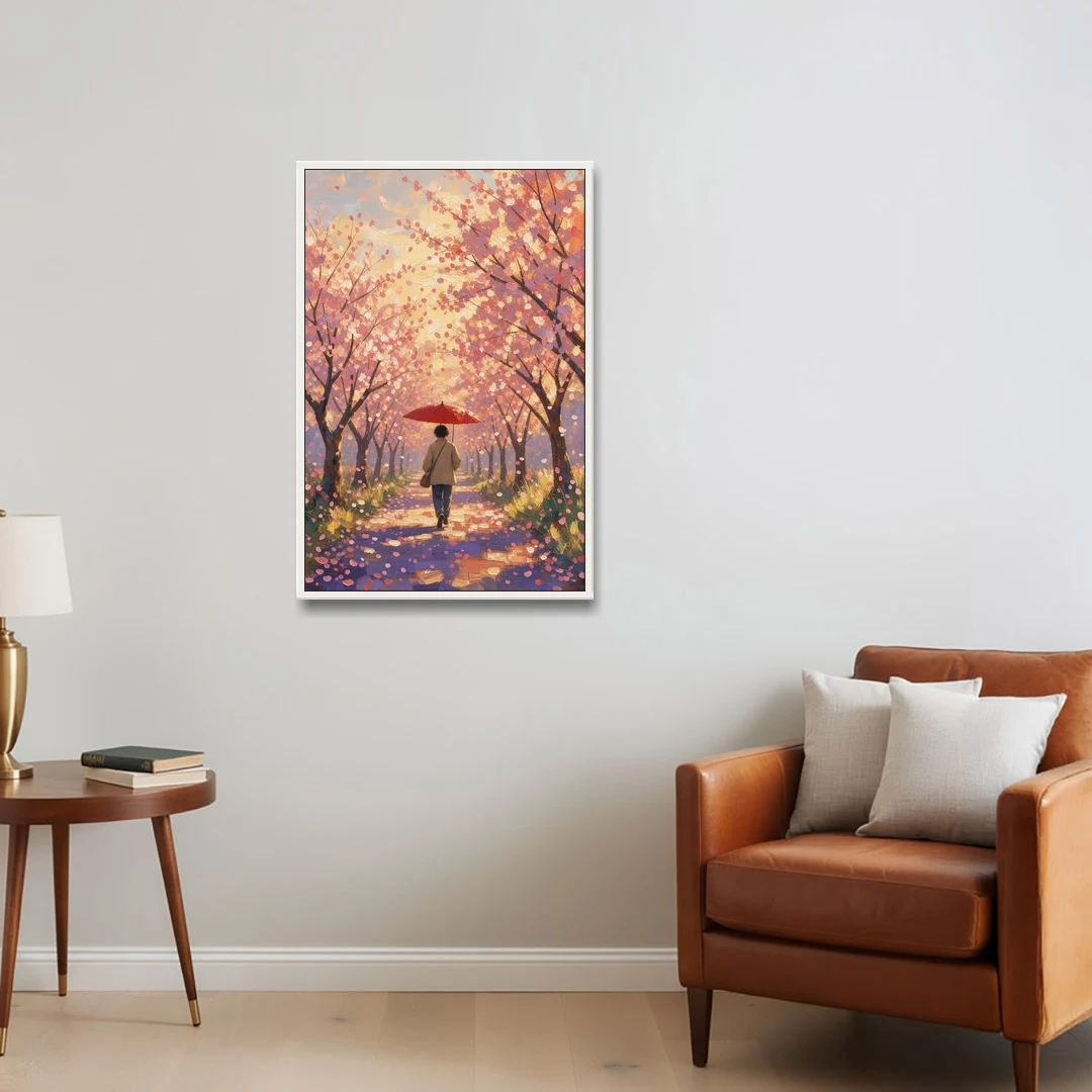 Red Umbrella Under Sakura in Impressionist Style - White Framed Canvas Wall Art - Sofa - 24x36