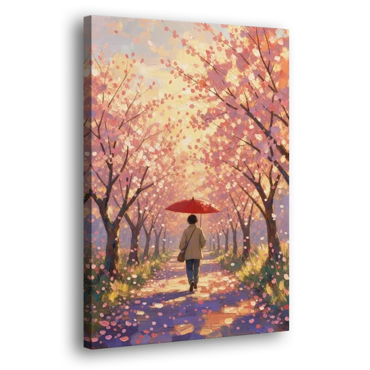 Red Umbrella Under Sakura in Impressionist Style - Canvas Wall Art - Side