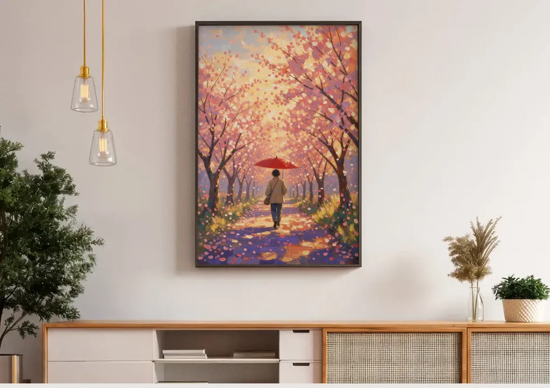 Red Umbrella Under Sakura in Impressionist Style canvas wall art above a wooden sideboard under pendant lights