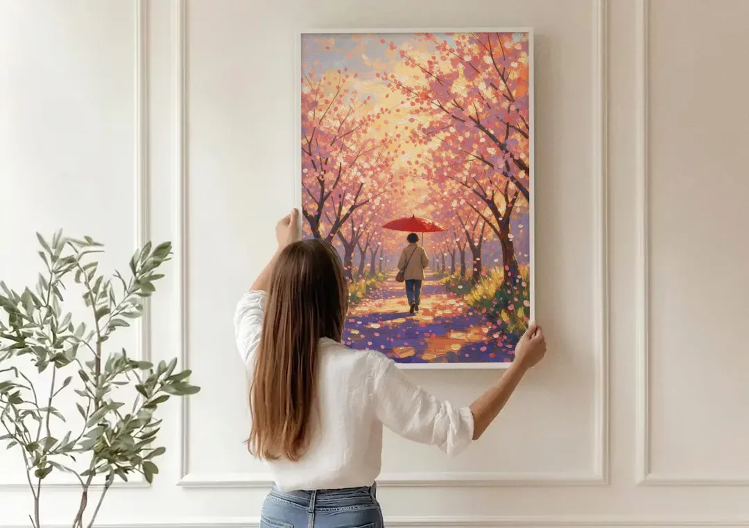 Red Umbrella Under Sakura in Impressionist Style canvas wall art being hung on a paneled wall