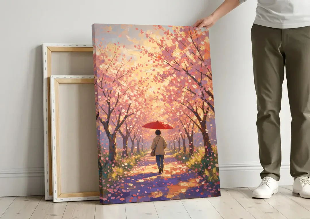 Red Umbrella Under Sakura in Impressionist Style canvas wall art leaning against a wall next to blank canvases
