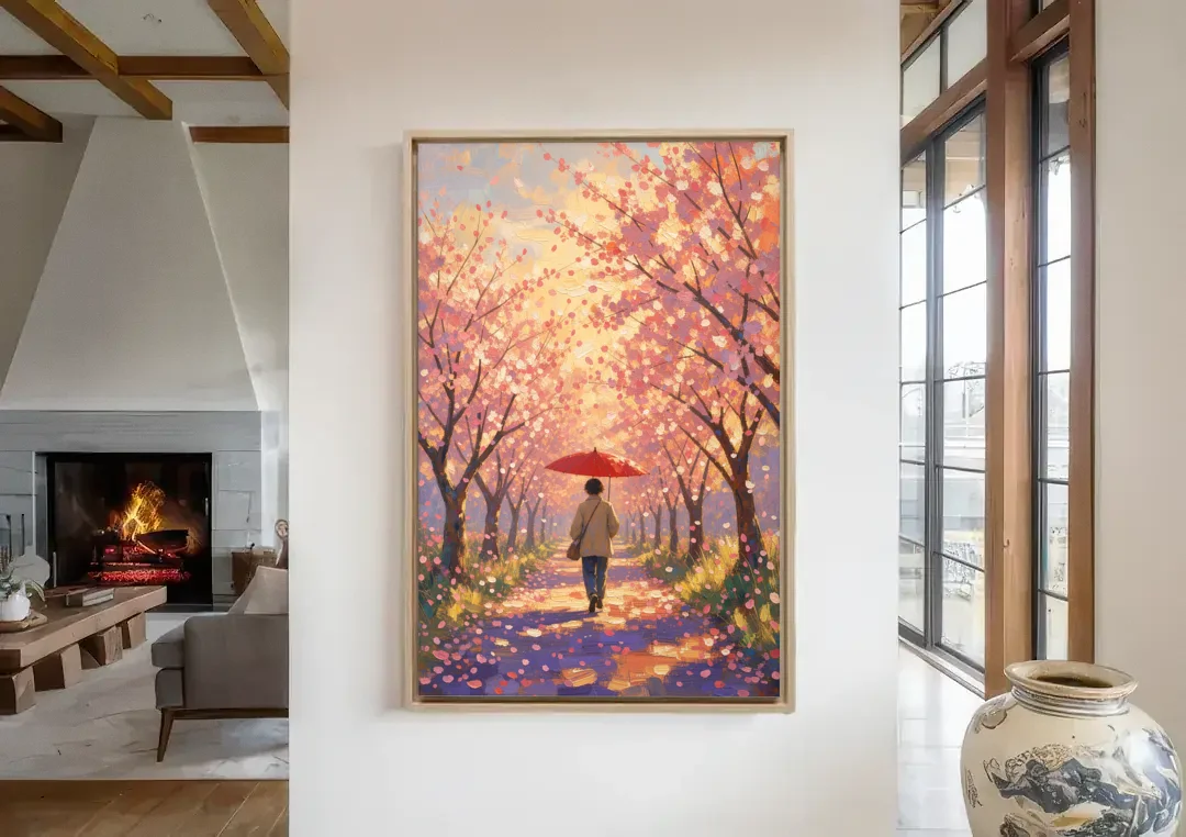 Red Umbrella Under Sakura in Impressionist Style canvas wall art in a living room with a fireplace