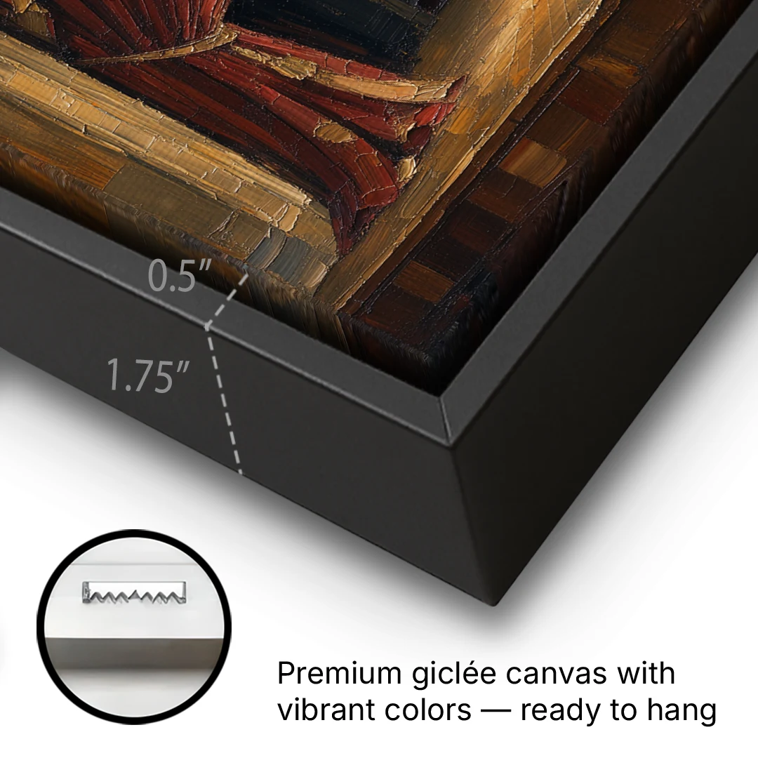 Red Velvet Curtains Framing an Empty Lit Stage - Black Framed Canvas Wall Art - Gallery Wrap Corner