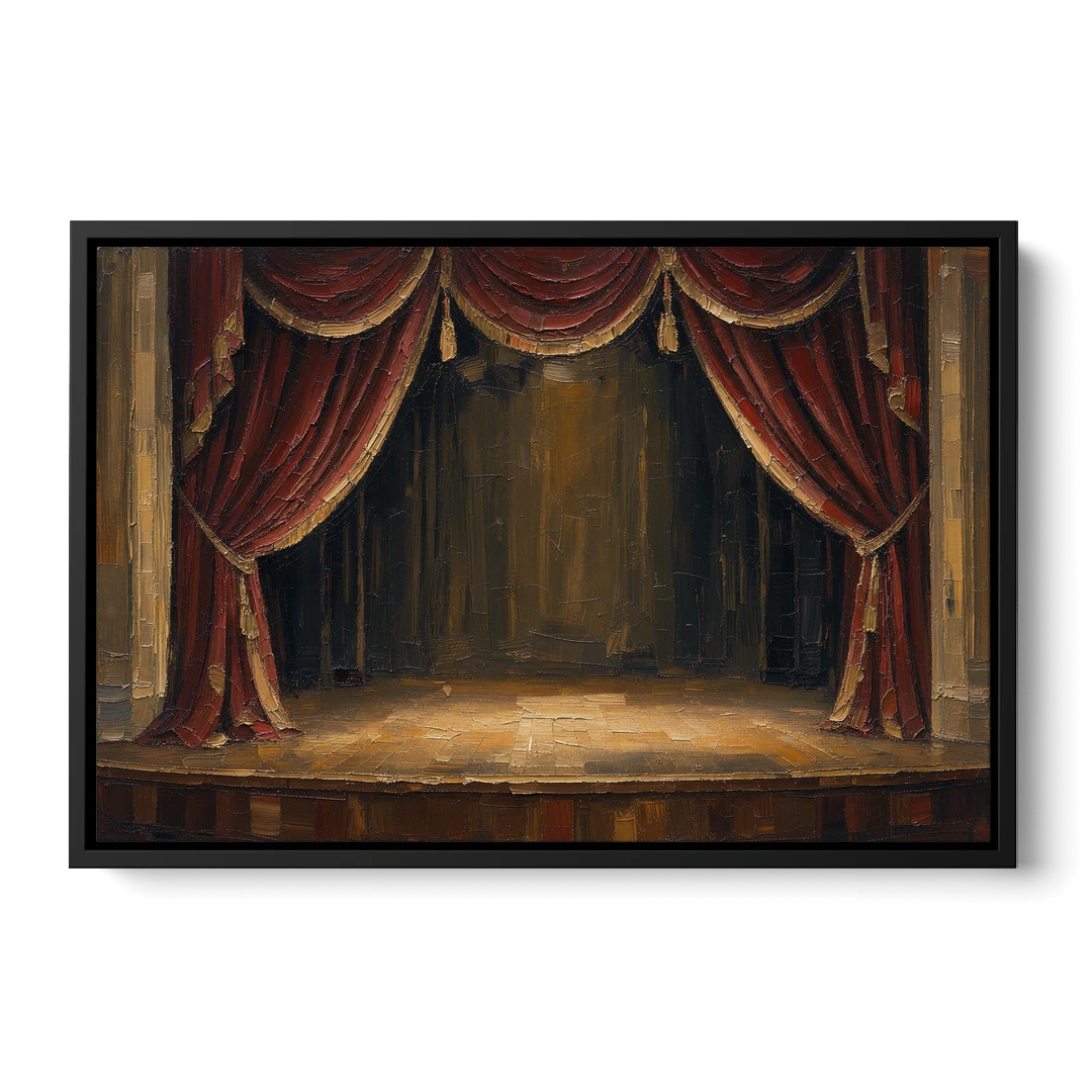 Red Velvet Curtains Framing an Empty Lit Stage - Black Framed Canvas Wall Art - Front