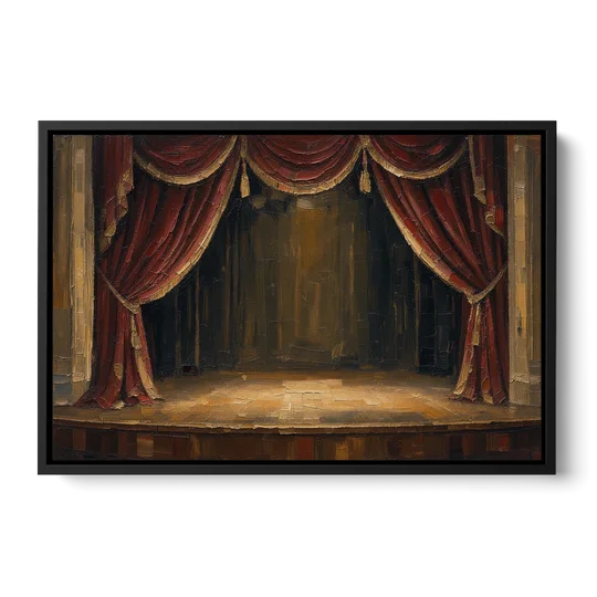 Red Velvet Curtains Framing an Empty Lit Stage - Black Framed Canvas Wall Art - Front