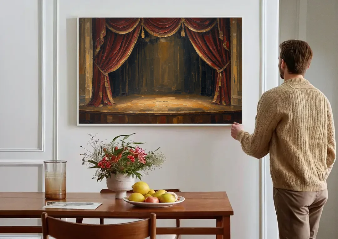 Red Velvet Curtains Framing an Empty Lit Stage canvas wall art above a dining table