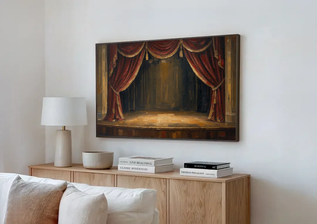 Red Velvet Curtains Framing an Empty Lit Stage canvas wall art above a wooden sideboard next to a sofa