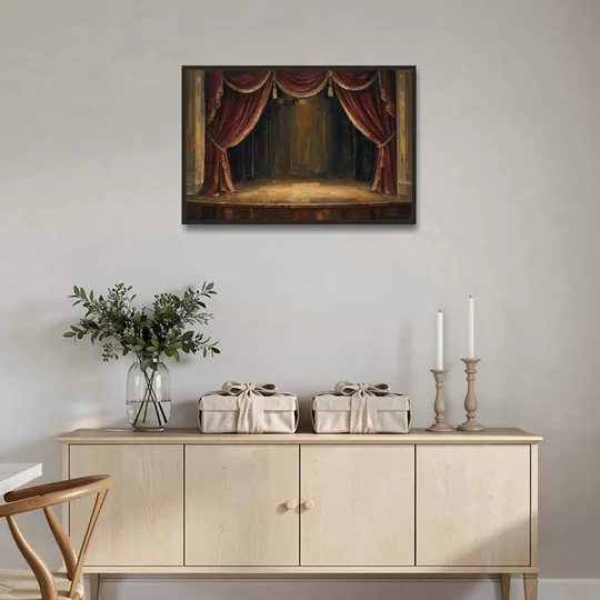 Red Velvet Curtains Framing an Empty Lit Stage - Black Framed Canvas Wall Art - Coffee Table - 36x24