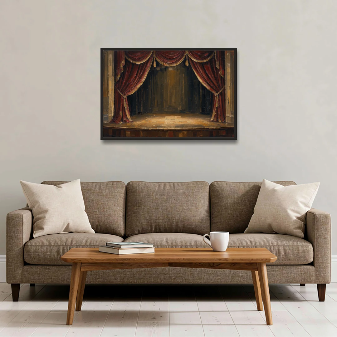 Red Velvet Curtains Framing an Empty Lit Stage - Black Framed Canvas Wall Art - Sofa - 36x24