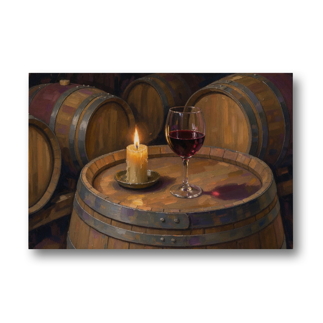 Red Wine Glass by Candlelight on an Oak Barrel - Canvas Wall Art - Front