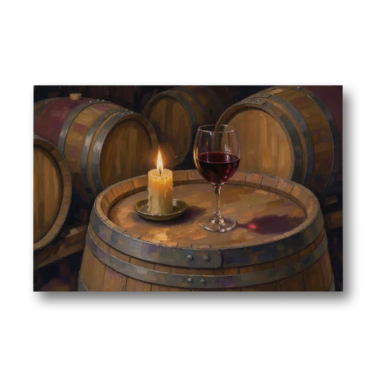 Red Wine Glass by Candlelight on an Oak Barrel - Canvas Wall Art - Front