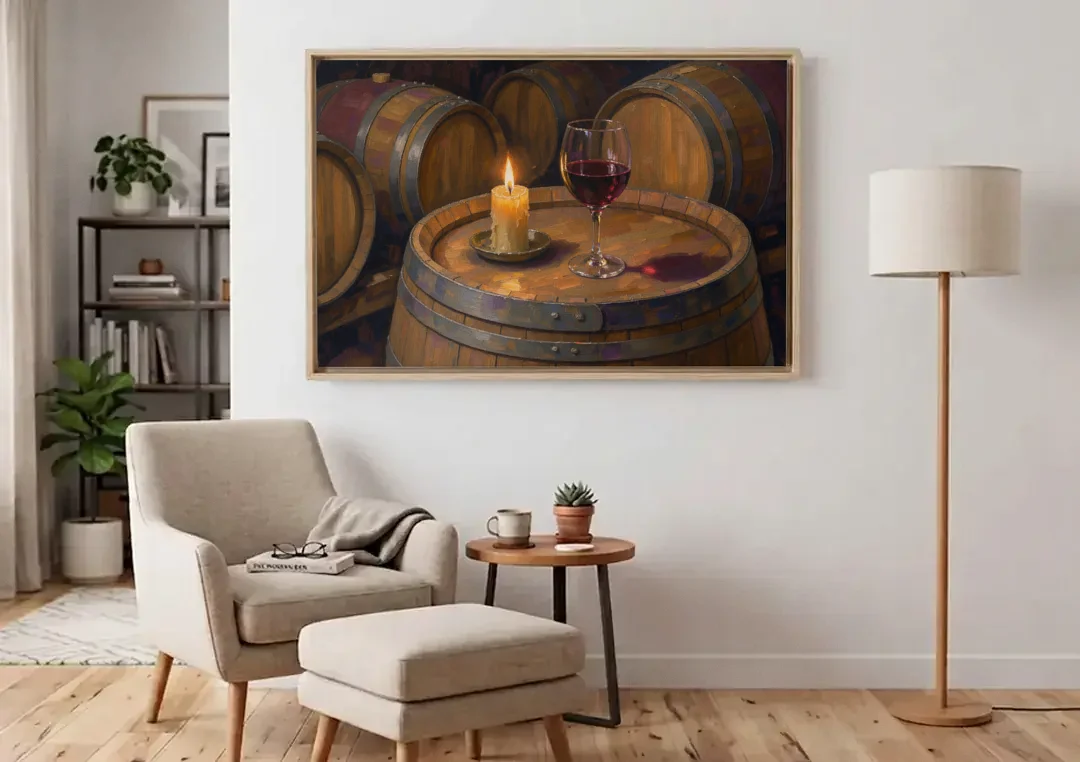 Red Wine Glass by Candlelight on an Oak Barrel canvas wall art above an armchair in a bright living room