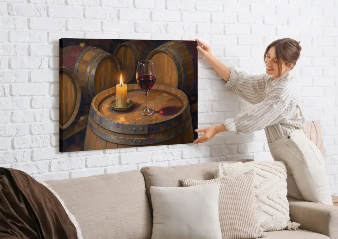 Red Wine Glass by Candlelight on an Oak Barrel canvas wall art being hung on a white brick wall above a sofa