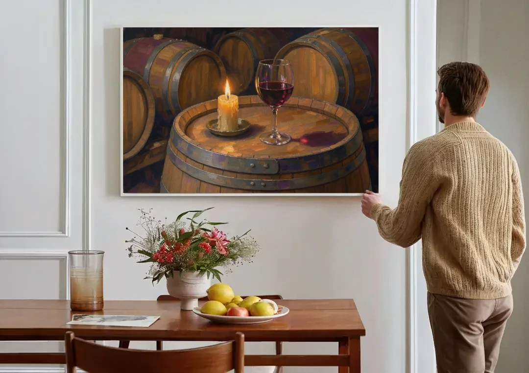 Red Wine Glass by Candlelight on an Oak Barrel canvas wall art above a dining table