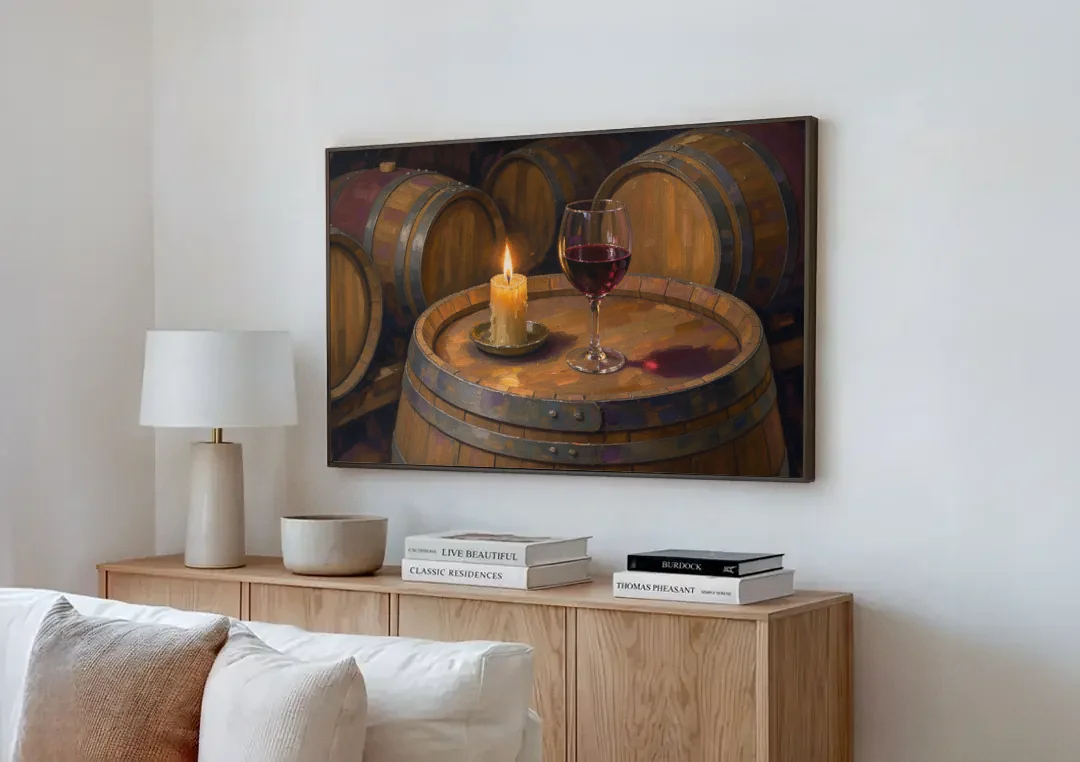 Red Wine Glass by Candlelight on an Oak Barrel canvas wall art above a wooden sideboard next to a sofa