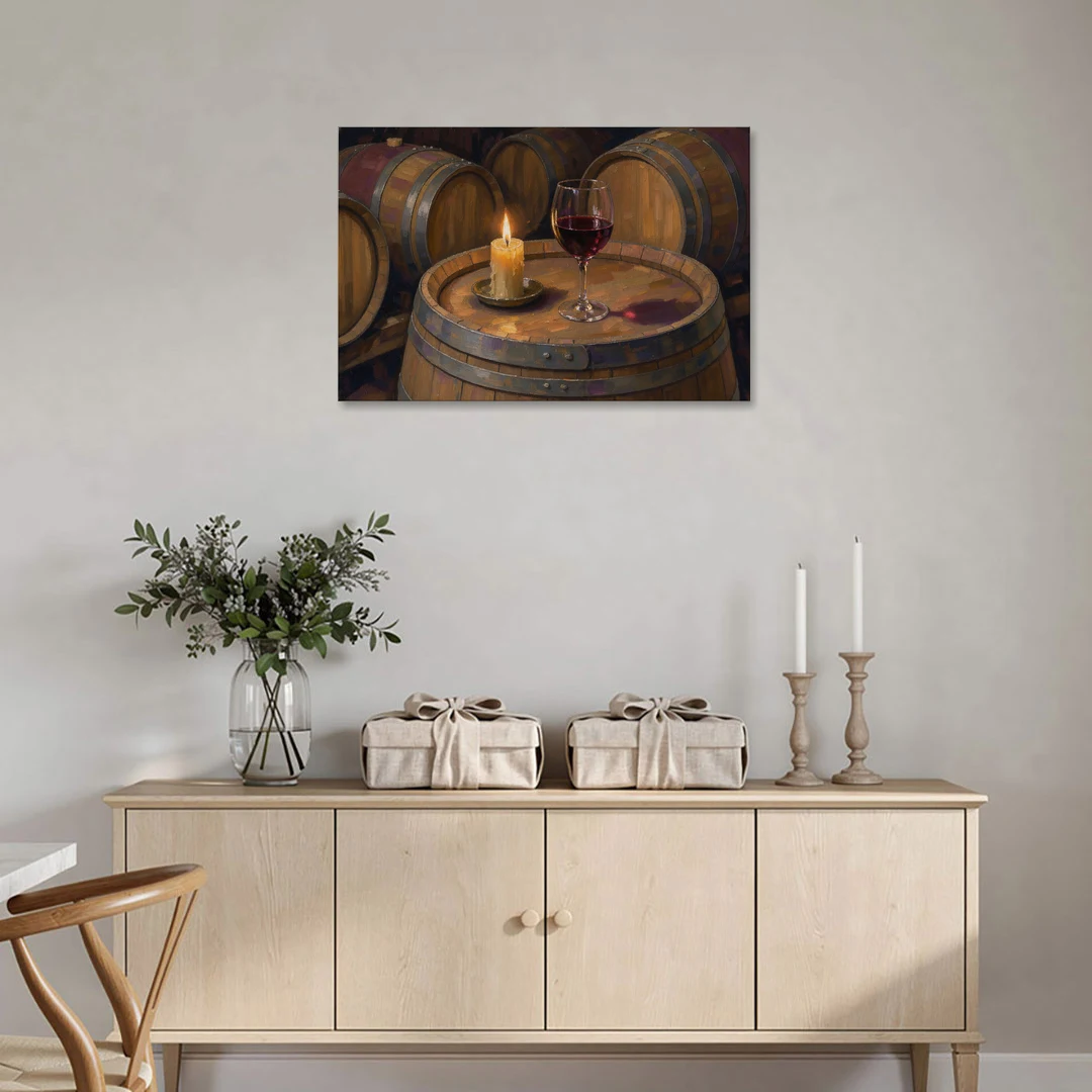 Red Wine Glass by Candlelight on an Oak Barrel - Canvas Wall Art - Coffee Table - 36x24