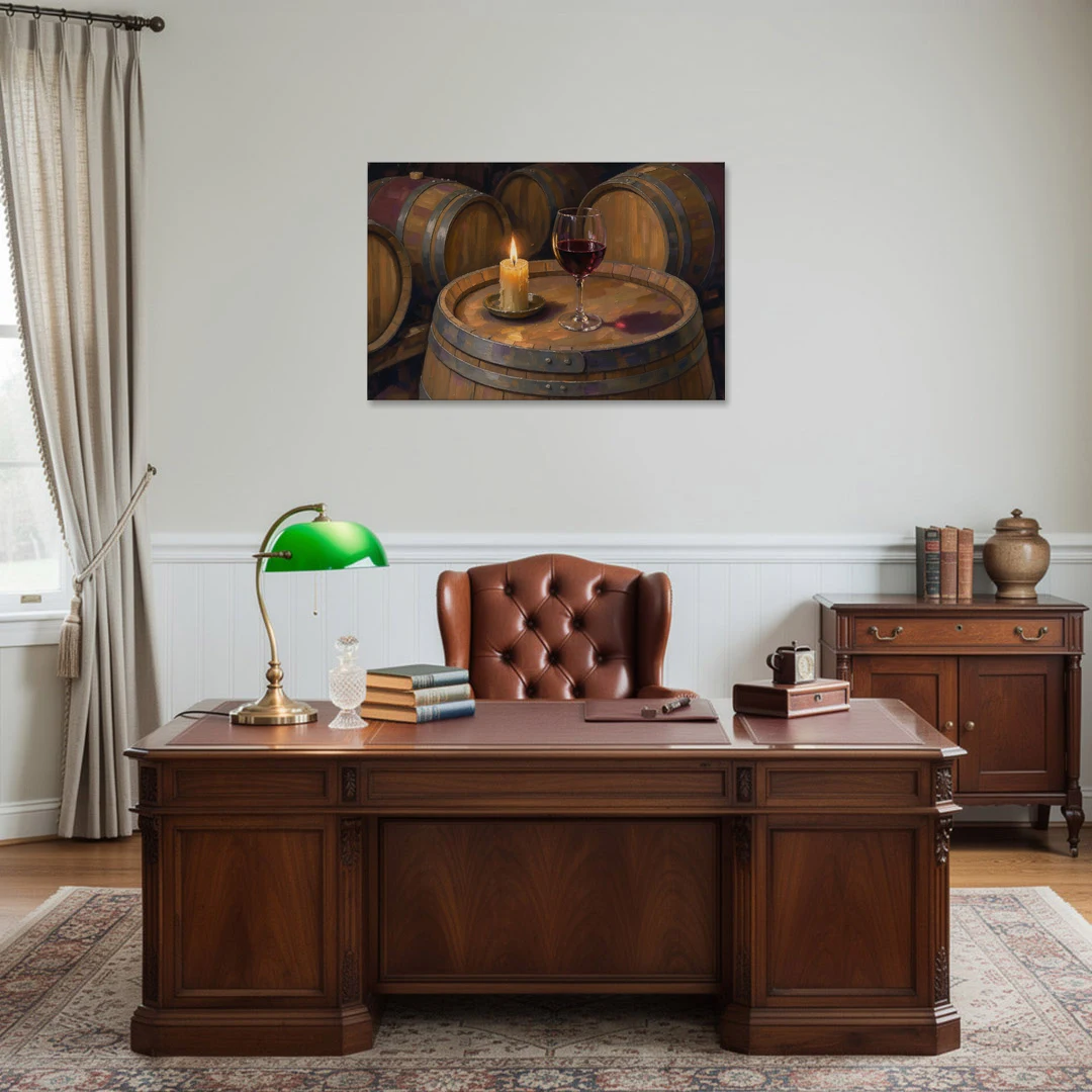 Red Wine Glass by Candlelight on an Oak Barrel - Canvas Wall Art - Office - 36x24