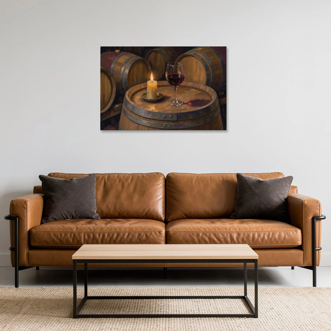 Red Wine Glass by Candlelight on an Oak Barrel - Canvas Wall Art - Sofa - 36x24