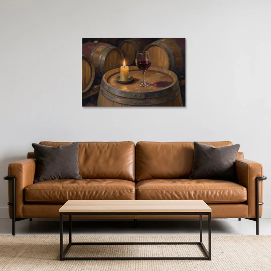 Red Wine Glass by Candlelight on an Oak Barrel - Canvas Wall Art - Sofa - 36x24