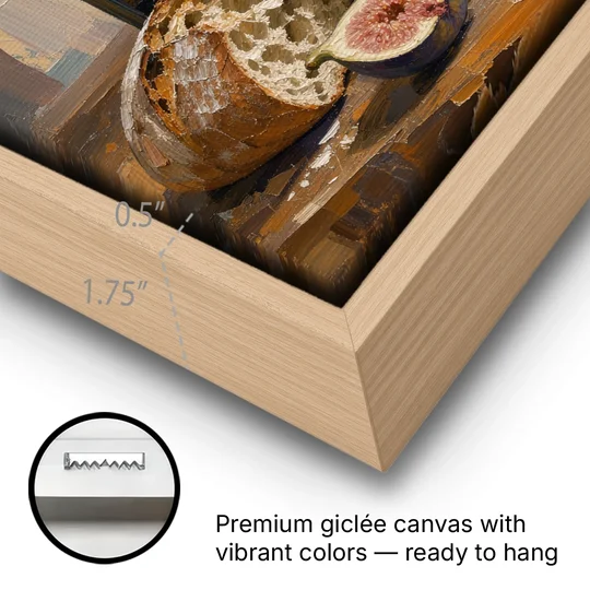 Red Wine Painting with Bread and Figs - Oak Framed Canvas Wall Art - Gallery Wrap Corner