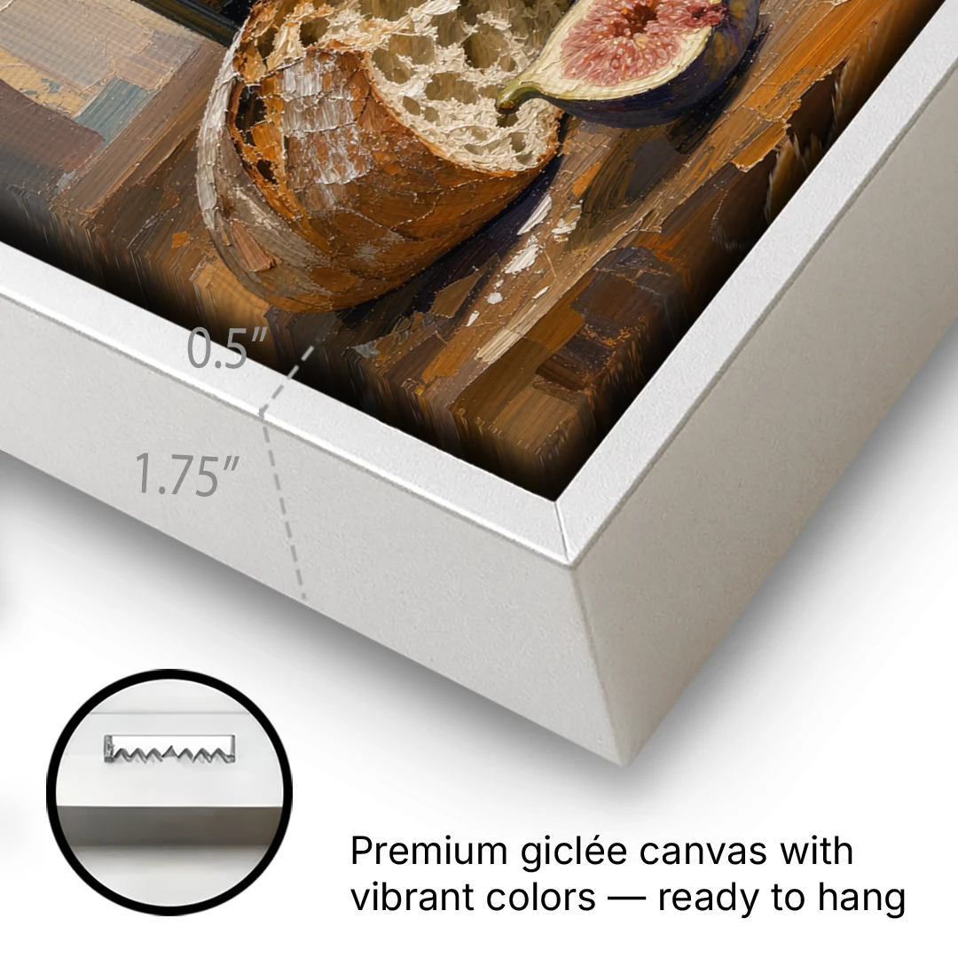 Red Wine Painting with Bread and Figs - White Framed Canvas Wall Art - Gallery Wrap Corner