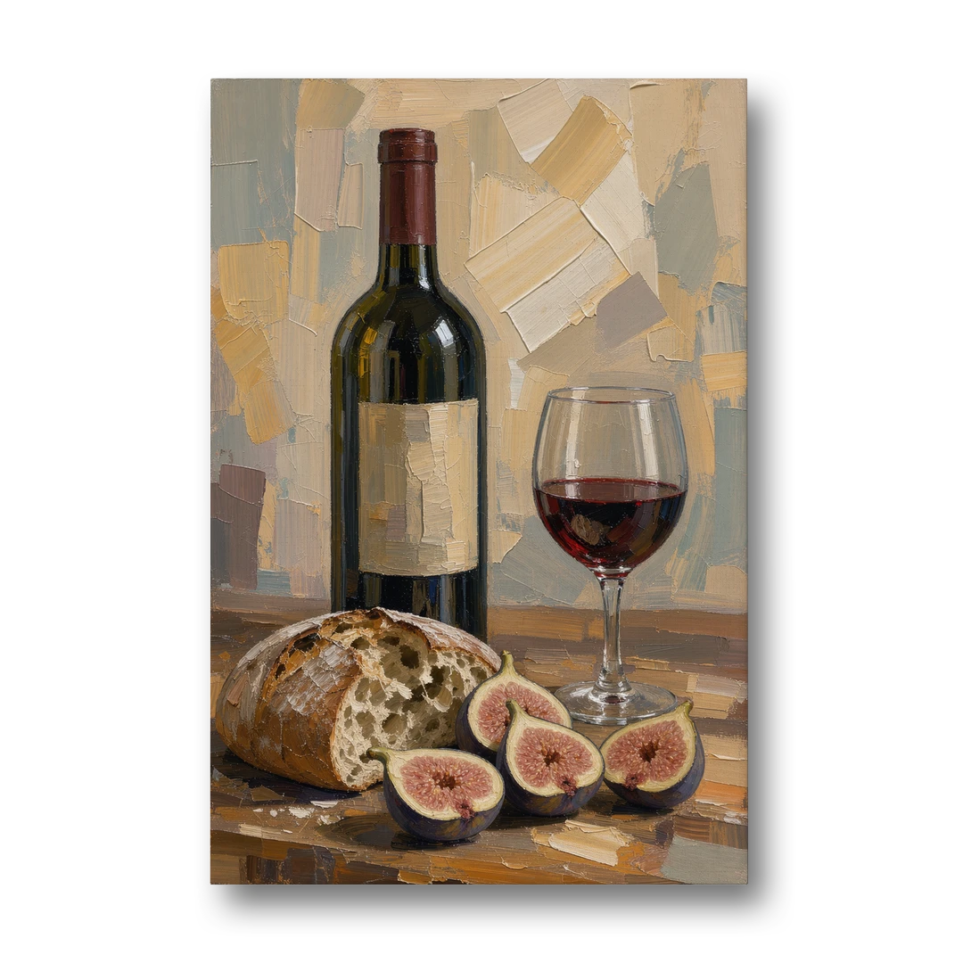 Red Wine Painting with Bread and Figs - Canvas Wall Art - Front