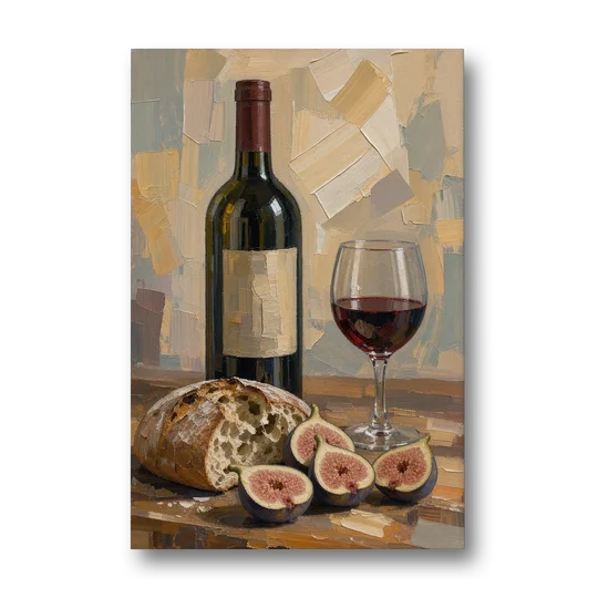 Red Wine Painting with Bread and Figs - Canvas Wall Art - Front