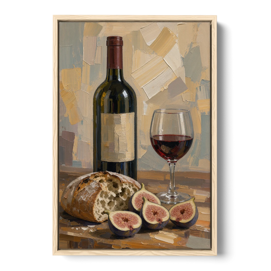 Red Wine Painting with Bread and Figs - Oak Framed Canvas Wall Art - Front