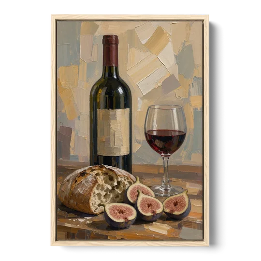 Red Wine Painting with Bread and Figs - Oak Framed Canvas Wall Art - Front