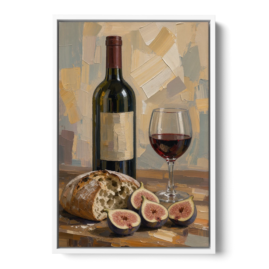 Red Wine Painting with Bread and Figs - White Framed Canvas Wall Art - Front