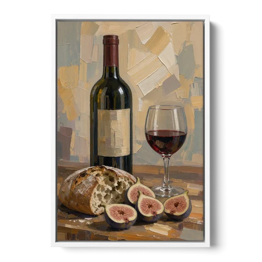 Red Wine Painting with Bread and Figs - White Framed Canvas Wall Art - Front