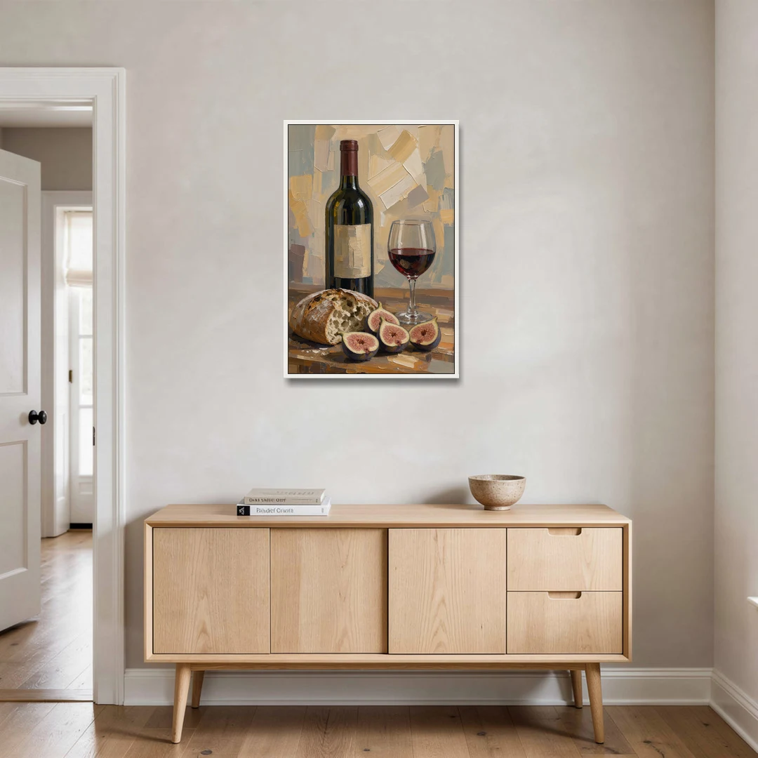 Red Wine Painting with Bread and Figs - White Framed Canvas Wall Art - Coffee Table - 24x36