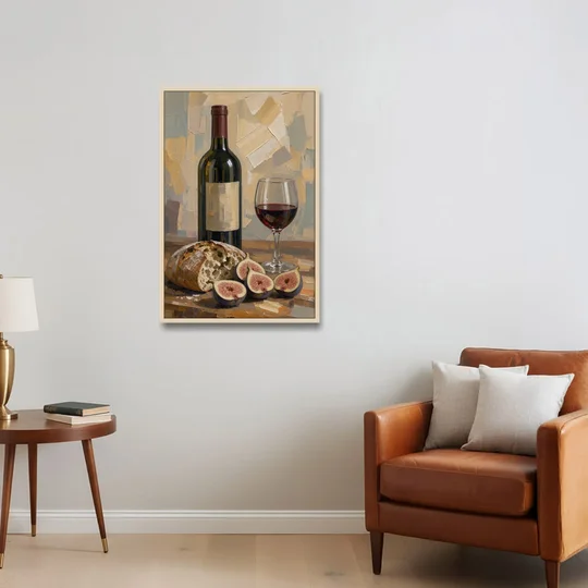 Red Wine Painting with Bread and Figs - Oak Framed Canvas Wall Art - Sofa - 24x36