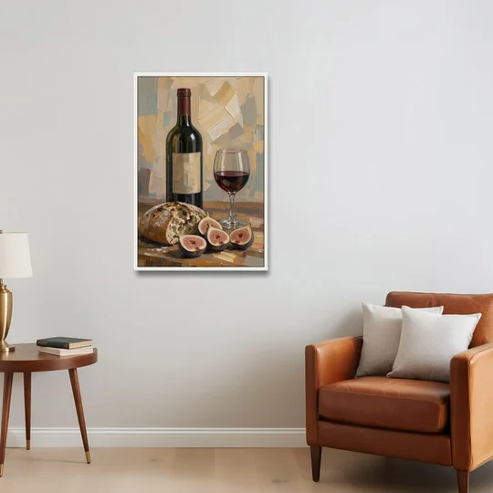 Red Wine Painting with Bread and Figs - White Framed Canvas Wall Art - Sofa - 24x36